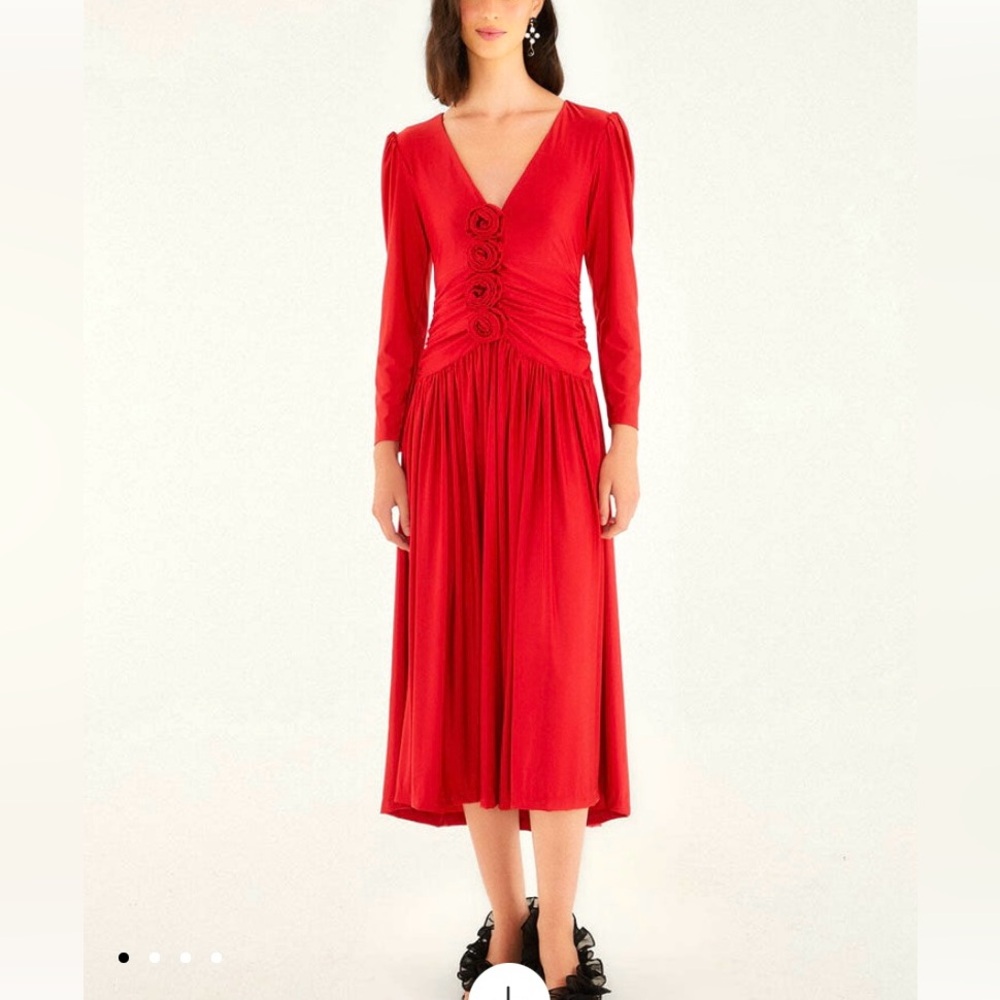 NWT - FARM Rio Red 3D Roses Long Sleeve Draped Midi Dress